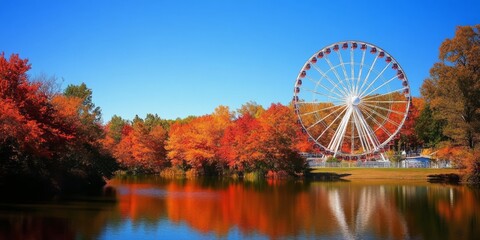 Giant ferris wheel surrounded by autumn foliage, reflecting in a peaceful river under a clear sky