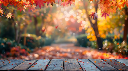 Wooden table and blurred Autumn background. Autumn concept with red-yellow leaves background