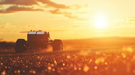 Fototapeta premium A solar-powered robot planting seeds with precision in a field, symbolizing the next generation of sustainable farming technologies.