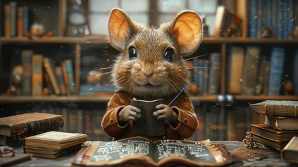 Anthropomorphic mouse as a teacher. Featuring a mouse in a classroom with a chalkboard. Highlighting education and mentorship. Ideal for educational content and school decorations.