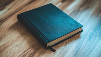 Black notebook on wooden floor surface