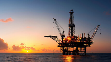 Obraz premium Offshore oil drilling platform silhouetted against vibrant sunset, showcasing industrial machinery and cranes. scene captures essence of energy production at sea
