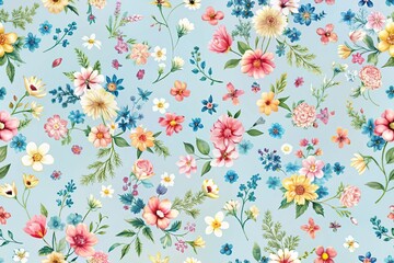 Obraz premium Simple, beautiful flower pattern on blue background with pastel colors