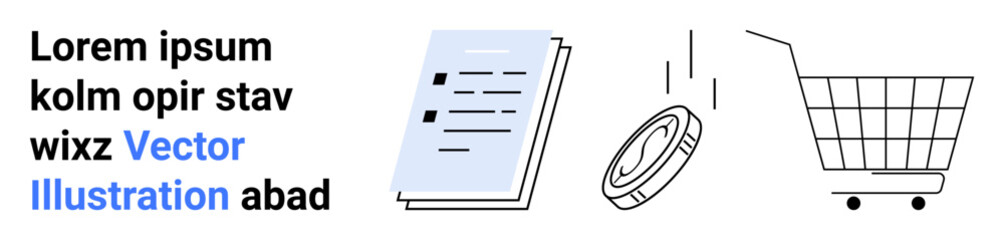 Cart with papers and coin falling in. Ideal for e-commerce, financial services, digital documents, online transactions, shopping cart. Banner for landing page