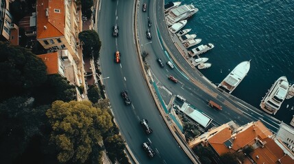 Fototapeta premium Aerial image of Formula 1 cars speeding around the tight curves of Monaco city streets, the harbor glistening nearby.