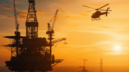 Offshore oil drilling platform silhouetted against vibrant sunset, with helicopters flying nearby, showcasing dynamic energy of oil industry