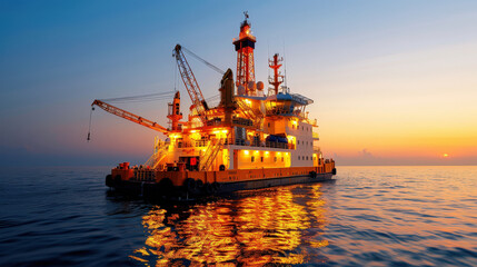 Fototapeta premium Offshore oil platform at dusk, illuminated with warm lights reflecting on calm water. structure showcases advanced technology and engineering against stunning sunset backdrop
