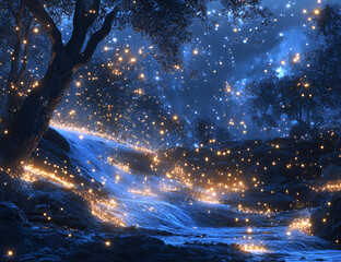 Fantasy background with bokeh and glittering particles.