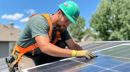 A technician installs solar panels on a rooftop, highlighting sustainability and renewable energy efforts in a clear, sunny environment.