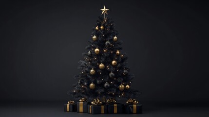 A black and gold Christmas tree with gold ornaments and a gold star on top