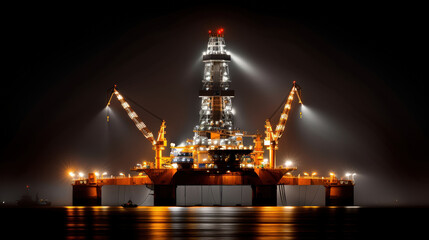 Fototapeta premium Offshore oil platform illuminated at night, showcasing industrial engineering and technology. bright lights reflect on water, creating striking visual