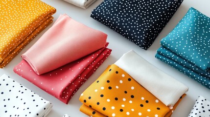 A flat-lay of fabric samples with polka dot designs, arranged on a crisp white background, evoking a playful and retro feel.