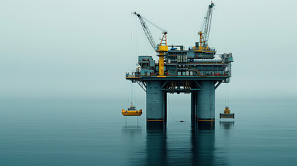 Offshore oil platform with heavy machinery and cranes in calm waters, showcasing industrial operations and marine engineering. scene evokes sense of tranquility amidst industrial activity
