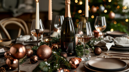 A beautifully decorated table features a champagne bottle and glasses, adorned with copper baubles and evergreen branches. warm candlelight and a blurred christmas tree enhance the festive atmosphere.