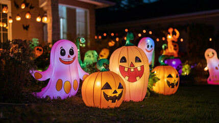 Fototapeta premium Cute and Family-Friendly Halloween Decorations with Smiling Ghosts