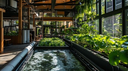 Fototapeta premium An indoor aquaponic farm featuring water tanks and vibrant plants, demonstrating a sustainable farming system that integrates fish cultivation with plant growth. 
