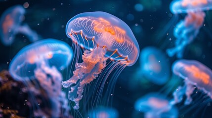 Lot of bioluminescent jellyfish floating gracefully in ocean, illuminating water with their vibrant colors, jellyfish showcasing mesmerizing beauty of marine life