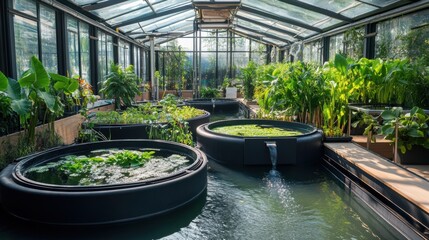 A thriving aquaponic greenhouse featuring circular water tanks and lush greenery, highlighting sustainable farming practices and integrated systems for plant and fish cultivation.
