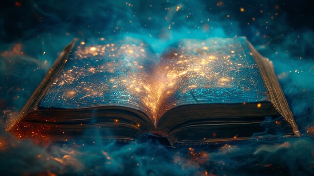 Ancient book with glowing pages surrounded by mystical smoke and sparkles evoking sense of magic and mystery, ancient wisdom and secrets held within pages of grimoire
