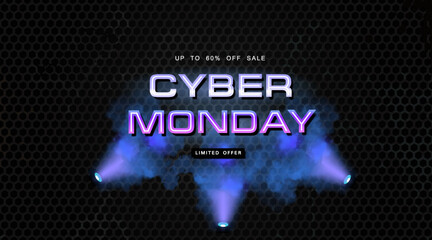 Cyber Monday. Advertising banner with neon sign and blue puffs smoke on dark cyber background. Cyber monday promotion with advertising neon sign. Big discounts and sales. Blow to prices