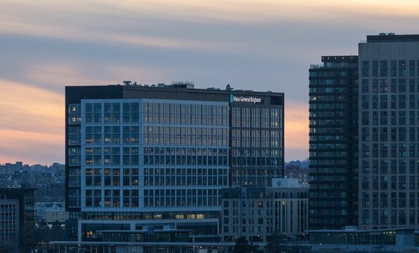 Mass General Brigham headquarters at sunset