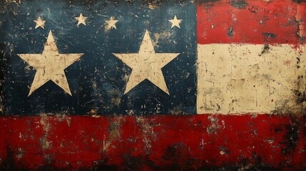 A vintage-style painting of a distressed flag with large white stars on a textured red, white, and blue background, representing heritage and endurance.
