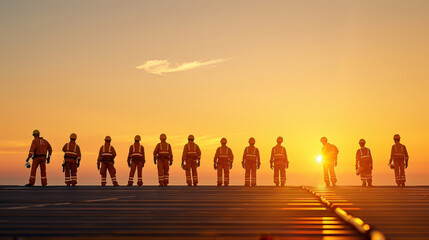 Fototapeta premium Sunset silhouettes of oil platform workers in safety gear, standing in line, showcasing teamwork and dedication during safety inspection. warm glow of sun enhances scenes emotional impact