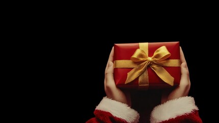 Hand in sleeve with white border of Santa Claus. A small red gift box with a bow floats above the hand on a black background, creating a festive atmosphere.