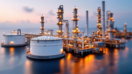 Fototapeta premium Oil refinery plant surrounded by large storage tanks, illuminated at dusk, showcasing industrial architecture and technology. scene reflects serene yet powerful energy production environment