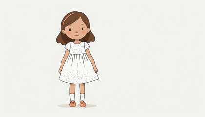 Minimalist Cartoon Little Girl Illustration on White Background.