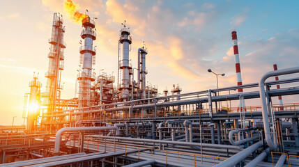 Obraz premium Oil refinery with complex piping and large storage tanks at sunset, showcasing industrial architecture and energy production. scene captures essence of modern industry and technology