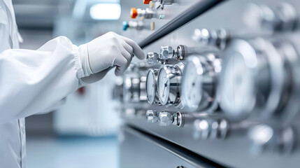 technician in protective suit is adjusting gauges on control panel in cleanroom environment, showcasing precision and attention to detail in high tech setting