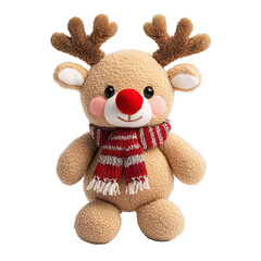 Soft reindeer stuffed toy with plush antlers and a red nose wearing a cozy scarf isolated on a transparent background 