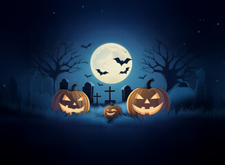 A spooky Halloween scene with jack-o-lanterns glowing in a graveyard under a full moon.