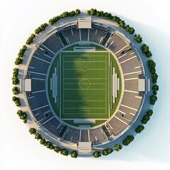 Detailed 3D top view render of openair sports arena with a wide field and surrounding seating sections cleanly illustrated on a plain white background