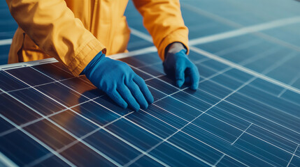 Close-up of a technician's hands in blue gloves working on solar panels, showcasing renewable energy technology and sustainable practices.
