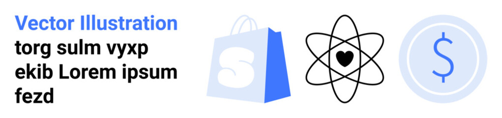 Visible are a shopping bag, an atom with a heart in the center, and a dollar sign inside a circle. Ideal for online stores, e-commerce, science, love, and finance. Landing page