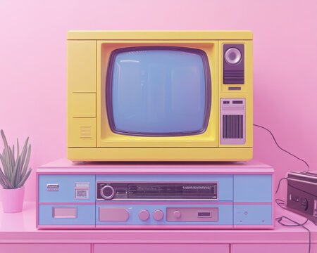 Retro television with video player, colorful decor, and pastel background, evoking nostalgia and vintage vibes in modern design.