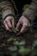Hands planting a small green seedling in rich soil, surrounded by nature, emphasizing sustainability and the importance of gardening and nurturing plants.
