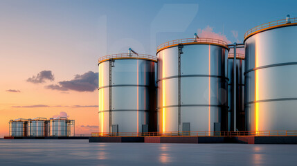 Fototapeta premium Large petrochemical storage tanks stand against vibrant sunset, reflecting warm hues. scene captures industrial beauty and essence of energy production