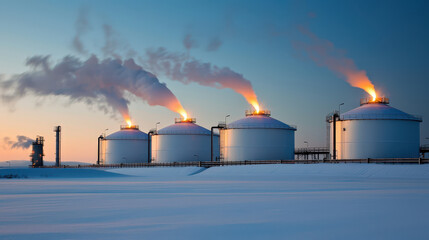 Obraz premium Storage tanks release smoke and steam against twilight sky, showcasing industrial energy production. scene captures essence of petrochemical operations in serene winter landscape