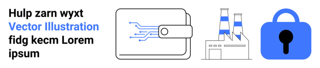 Includes digital wallet, industrial factory, and lock icon in blue. Ideal for technology, security, finance, industry, and data protection. Banner for landing page