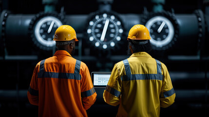 Inspecting pipelines, two workers in safety gear analyze data on laptop in petrochemical facility. Their focused expressions highlight importance of safety and precision in industrial operations