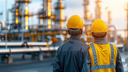 Workers in safety helmets observe operations at petrochemical facility, showcasing teamwork and diligence in vibrant industrial setting