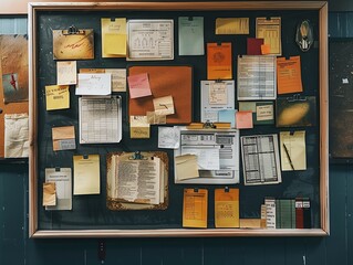 A bulletin board with various office documents