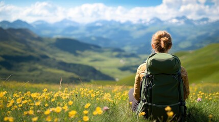 A hiker takes a moment to admire the stunning views from a mountain trail, their backpack resting beside them.