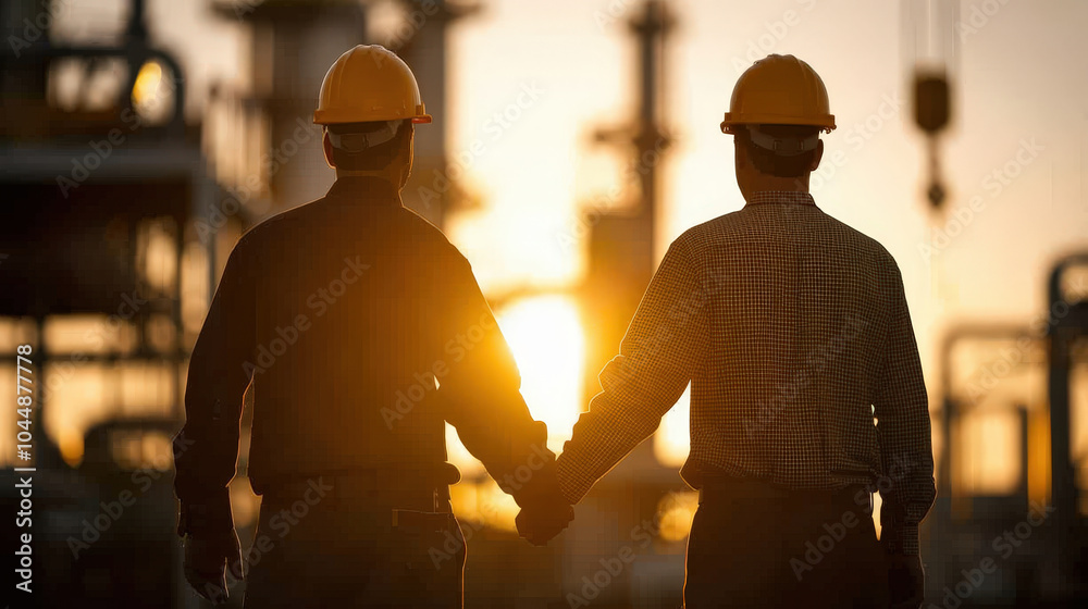 Wall mural image depicts two workers holding hands against sunset backdrop in industrial setting, symbolizing teamwork and unity in petrochemical industry