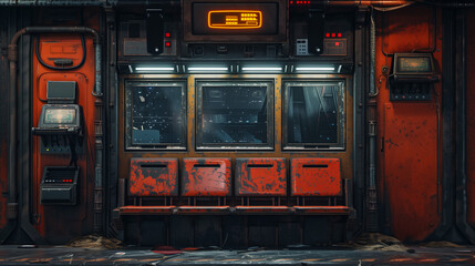 Retro-futuristic sci-fi waiting room interior with worn-out seats, glowing panels, and industrial details