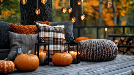 Cozy autumn scene featuring decorative pillows, pumpkins, and lanterns, perfect for celebrating the fall season outdoors.