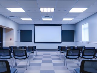 A conference room with a large screen for presentations